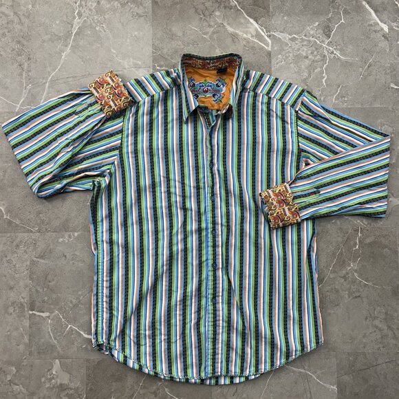 Robert Graham Shirt Mens Large Tall Stripe Paisley Trim Flip Cuff Striped Casual - Picture 1 of 10